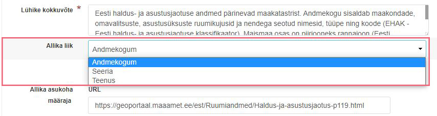 Allika liigi valimine