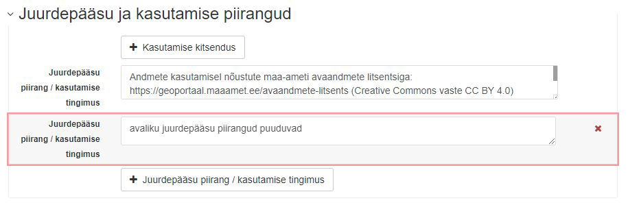 Piirangu teave metaandmetes