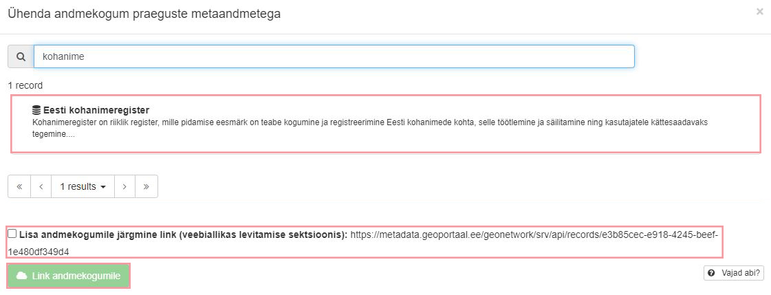 Sobiva andmekogumi metaandmete valimine