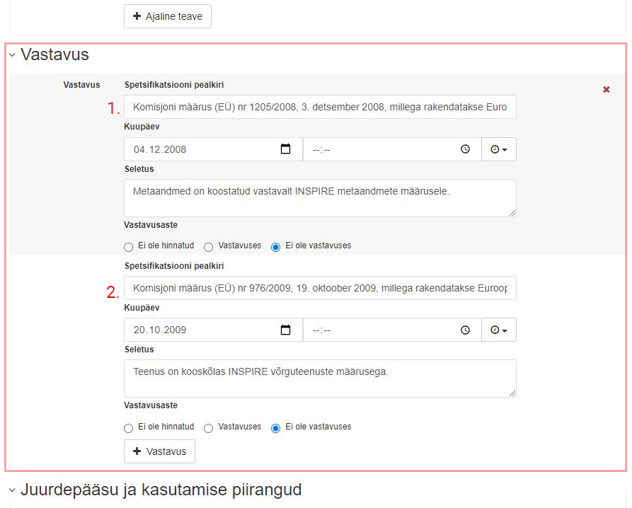 Vastavuse sisestamine metaandmetes