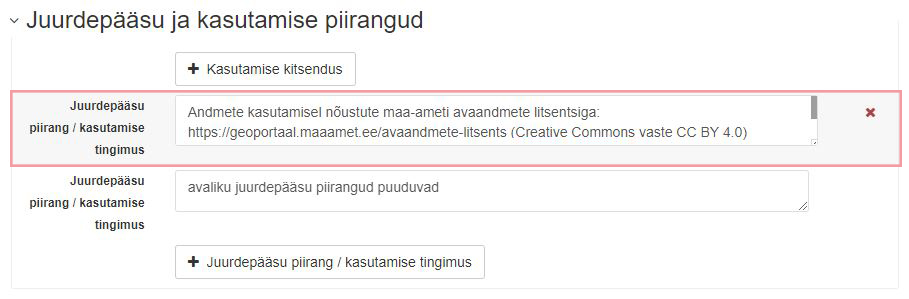 Andmekogumi kasutamise tingimuste sisestamine