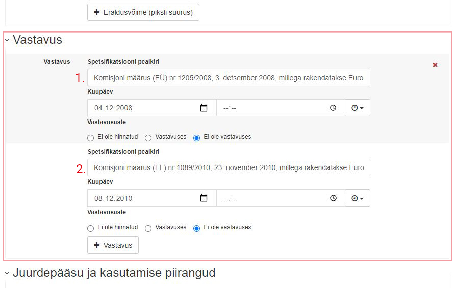 Vastavuse sisestamine metaandmetes