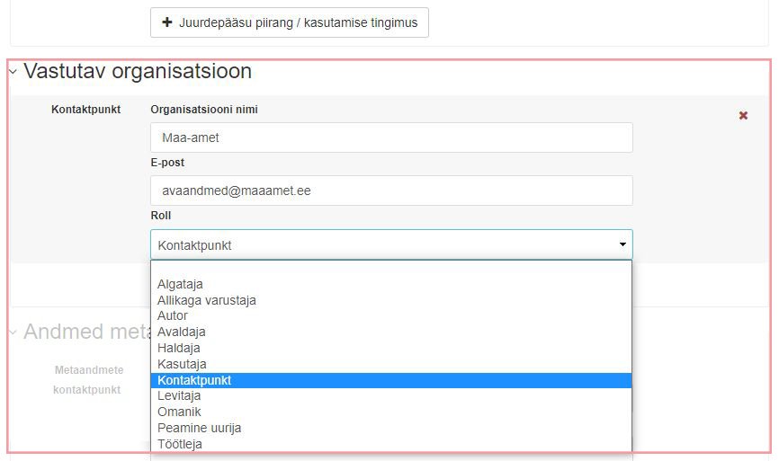 Vastutava organisatsiooni kontaktide ja rolli määramine