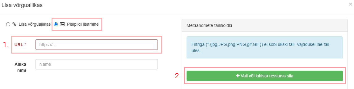 Pildi URL-i lisamine või faili üles laadimine